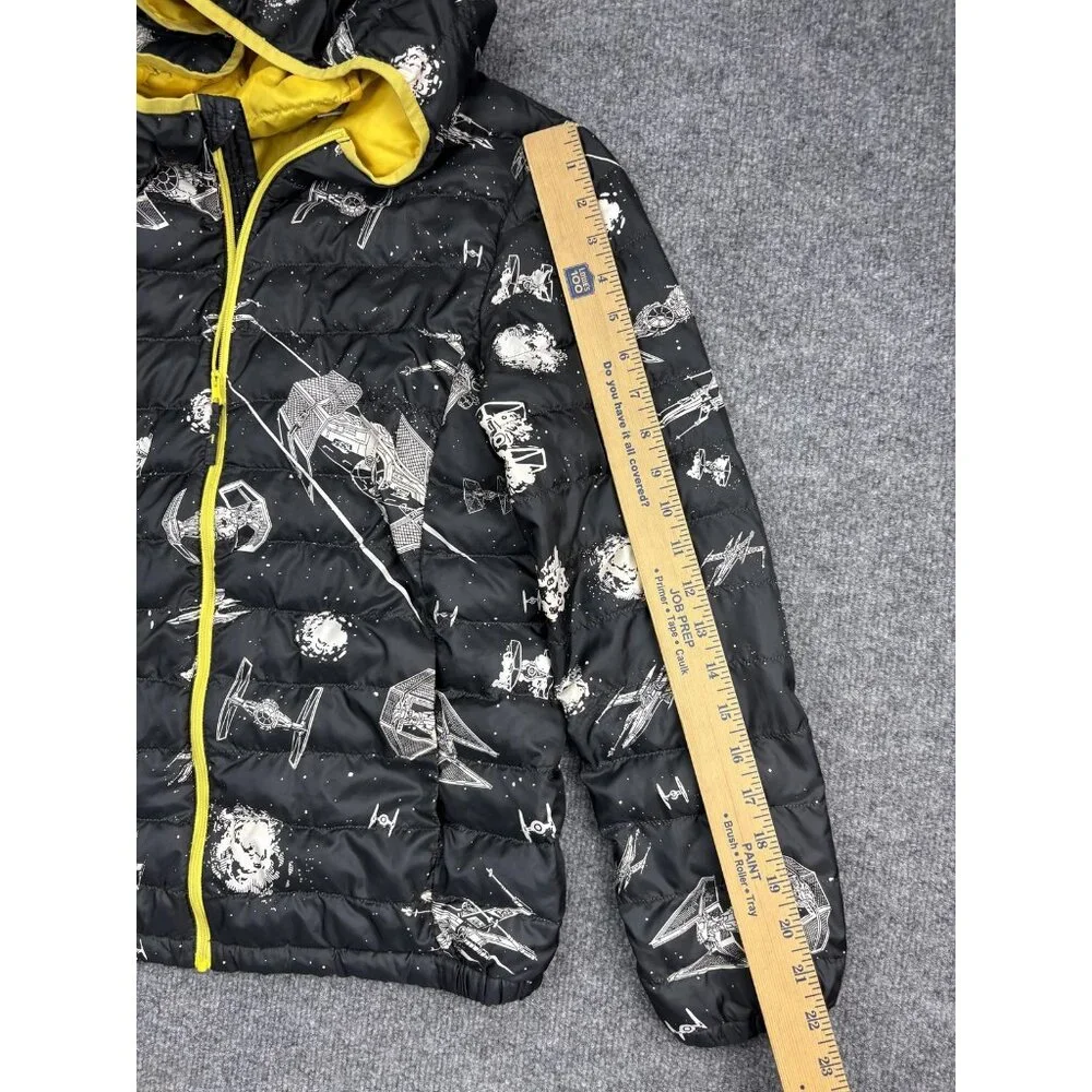 Uniqlo Star Wars Jacket Kids 12 Black Hooded Puffer Full Zip Yellow Lining‎